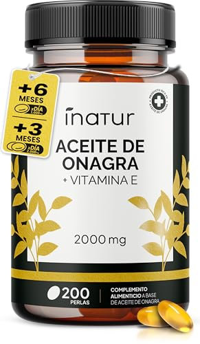 Aceite de Onagra 1.000 mg – 200 Perlas | Inatur | Vitamina E | 10% GLA | Suministro 7 meses | Salud hormonal de las mujeres | Salud de piel y huesos | 100% Natural