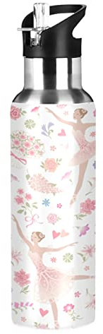 JUMBEAR Bouteille d'eau isotherme en acier inoxydable avec motif fleur et ballerine - Anti-fuite - Large ouverture avec couvercle à paille - Pour fitness, gym et sports de plein air - 650 ml