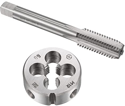 sourcing map Machos y Troqueles Juego, M12 x 1.75 Métrico Izquierda Mano Tornillo Rosca Fresado Recto Flauta Grifo con Redondo Enhebrado Troquel