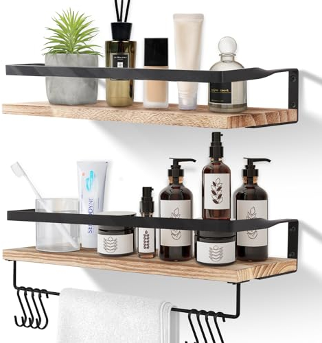 Uten Floating Shelves Wall Mounted Shelf, Light Brown Wood Wall Shelves, Wooden Shelves Set Spirit Level, Towel Bar 8 Hooks for Bedroom, Bathroom, Living Room, Kitchen, Office