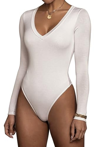 RoomTour Body Thermooberteile für Damen Elegant Langarm Bodysuit Tops Damenbody for Damen Stringbody 1-Weiß S