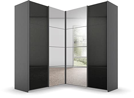 Rauch Möbel Quadra - Armadio angolare con ante sospese, grigio metallizzato lucido, 4 pezzi, con specchio, 2 appendiabiti, 12 ripiani, 181 x 210 x 187 cm