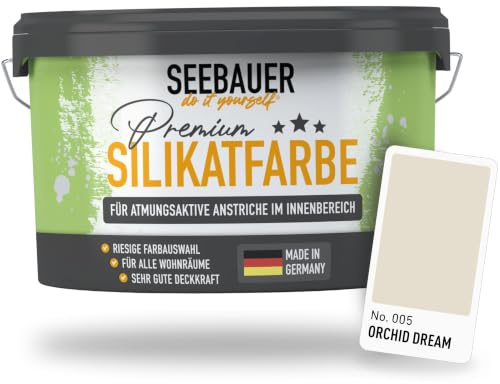 SEEBAUER diy Silikatfarbe Beige 5L für Innen (No. 005 Orchid Dream) Atmungsaktive Mineralfarbe für Allergiker - Abwaschbare Wandfarbe - Beigetöne hohe Deckkraft