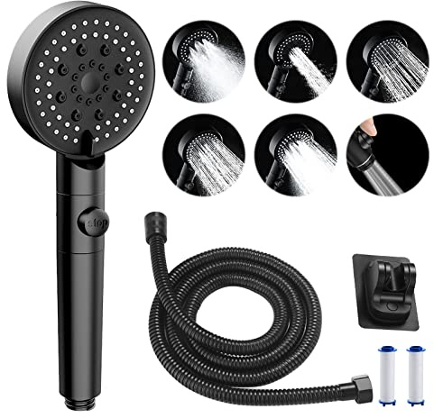 Les-Theresa Shower Head and Hose 2M 6 Spray Modes High Pressure Shower Head | Black Handheld Shower Head Water Saving Shower Heads With Filter Core Holder Showerhead and Hose Set for Adult Pets Bathroom