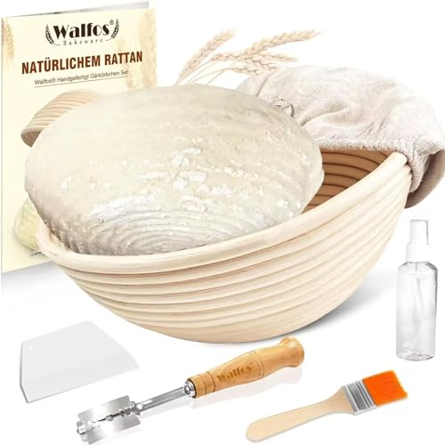 Walfos Cestino per la fermentazione per il pane, rotondo, 25 cm, in rattan naturale, bottiglie spray e rivestimento in lino, perfetto per la famiglia e la cottura professionale