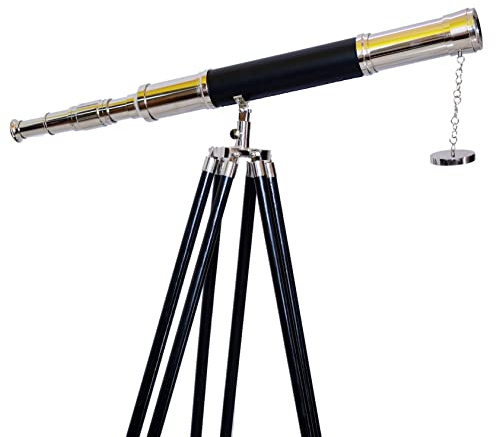 Antiqueex Marine Chrome Brass Telescope Brown Vintage Tripod Standing Telescopes Nautical Leather sail Boat Decor Height 49 inches Tube 39 inches
