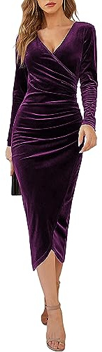 Yutdeng Robe de Femme à Manches Longues Moulante Col en V - Soirée, Cocktail en Velours Automne et Hiver - Élégant Fête Vintage Cérémonie Dress, Violet, L