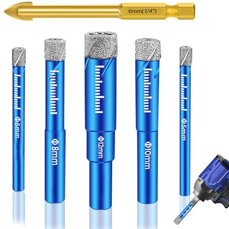 6tlg Diamantbohrer Fliesenbohrer Set 5, 6, 8, 10, 12 mm & Karbid Anbohrer 6mm Glasbohrer für Keramik Granit Glas Porzellan uvm. - Fliesen Diamant Feinsteinzeug Bohrer Keramikbohrer