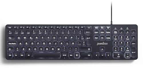 Perixx PERIBOARD-331 Tastiera Full-Size USB retroilluminata con cavo - Tasti a forbice di tipo X - Retroilluminazione bianca - Nero - QWERTY Spagnolo
