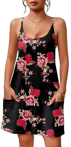 Ekouaer Women Nightgown Racerback Sleepwear Sleep Shirt Spaghetti Strap Chemise Babydoll Sleepshirt Nightshirt with Pockets Pink Flower,S