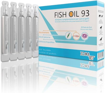 ZOMAVET Olio di Salmone per Cani e Gatti ricco di Omega 3, Integratore Naturale per Articolazioni Sane, Pelle e Pelo Brillante - Dosaggio Specifico per Pet fino a 10kg - 20 Fiale da 5ml