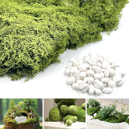 Snail Garden 100g ünstliches Moos und 250g Gartenkiesel, geruchlos,farbecht, lebensecht,natürliches grünes Kunstmoos,dekoratives Moos für Zuhause,Garten,Innen- und Außenbereich