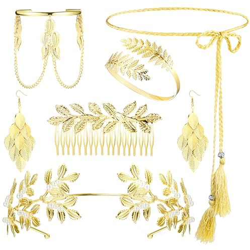 LOLIAS Griechische Göttin Kostüm Schmuck Set Hochzeit Brautschmuck Gold Oberarmreif Ohrringe Lorbeerkranz Haarspange Karneval Aphrodite Kostüm Goldene Hochzeit Boho Blatt Haar Krone Accessories Damen