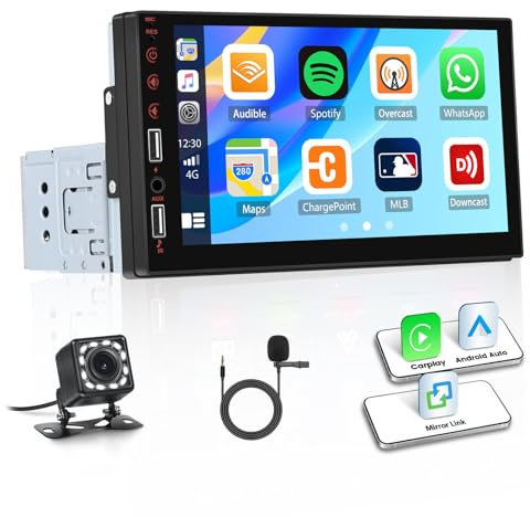 Single Din Car Radio with Wireless CarPlay Android Auto, 7” Touchscreen MP5 Player 1 Din Car Stereo with Bluetooth FM Radio Mirror Link EQ AUX USB Colourful backlight SWC + Remote + Reversing Camera
