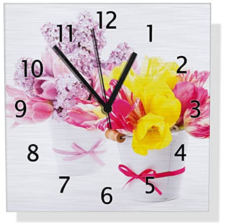 Wallario Design Wanduhr Zwei Blumen-Bouquets aus gelben und roten Tulpen und Flieder aus Aluverbund, Alu-Uhr Größe 30 x 30 cm, Schwarze Zeiger mit Metalloptik