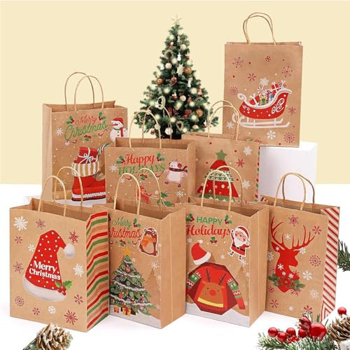 Cveenk 24 Stück Geschenktüten Weihnachten, Personalisierte weihnachtstüten Papiertüten mit Griff, Weihnachtstaschen Kraftpapiertüten Geschenktasche für Weihnachten Partys (21 x 15 x 8 cm)