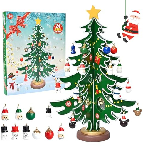 Feliciay Adventskalender 2025,24 Tage Adventskalender Weihnachten,28cm Weihnachten Countdown Hölzernen Weihnachtsbaum,Überraschungen Weihnachtskalender für Geschenke Decoration (6 Blätter)
