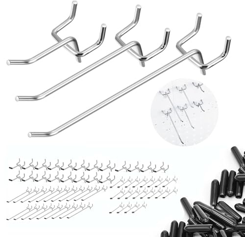 Nivithi Lot de 60 crochets en métal pour panneau perforé de 5/10/15 cm, trou de 2,5 cm, panneau perforé pour outils, panneaux perforés pour murs, crochets pour garage, atelier, supermarché et magasins