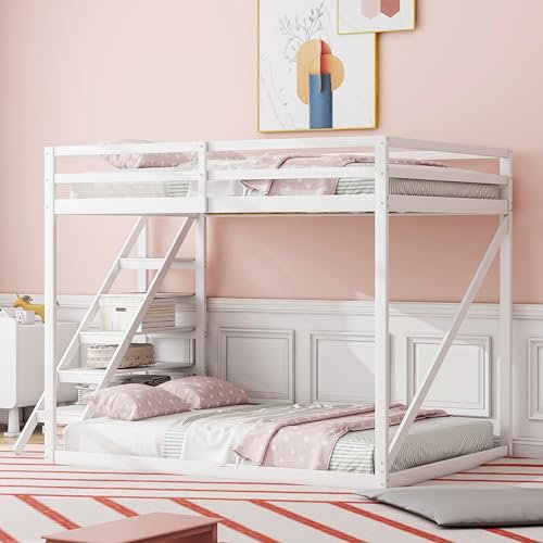 MSMOK Kinderbett Hochbett mit Sicherheitsleiter, Etagenbett aus Massivholz mit Lattenrost geeignet für Kinder, Jugendliche und Erwachsene (Weiß)