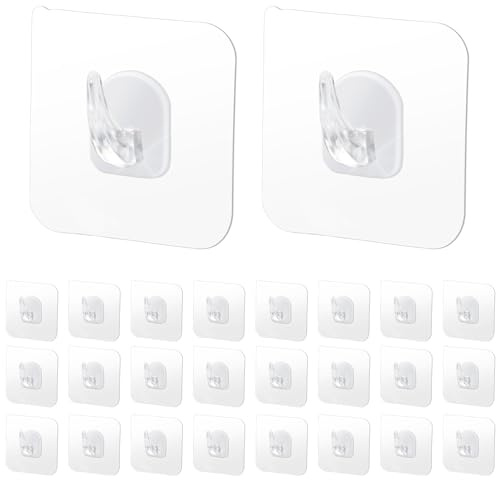 Qcdou Self Adhesive Hooks, 24 Packs Clear Plastic Hooks Self Adhesive, for Ceiling/Kitchen/Bathroom/Office, Hanging Clothes/Towels