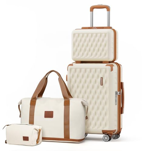 Melalenia Kofferset 4 Teilig Hartschale mit 4 Rollen und TSA-Schloss Der Gepäcksets Enthält 1 Kosmetikkoffer 1 Reisetasche und 1 Kulturbeutel Weiß