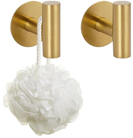 2 Pcs Gold Self Adhesive Hooks for Hanging Stainless Steel Stick on Hooks Heavy Duty Wall Hangers No Drilling Waterproof and Rustproof Towel Hook for Bathrooms, Kitchen, Door, Tile-Loofah, Robe, Coat