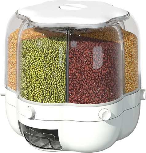 Rice Dispenser 360° Rotating Transparent Container for Dry Food, Fruits, and Cereals - 6 Grids Storage Solution