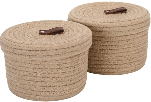 Sea Team Lot de 2 paniers de rangement en corde de coton avec couvercle rond pour la maison, la salle de bain, le bureau, récipient multi-usage de 2 litres pour jouets, articles de toilette, kaki