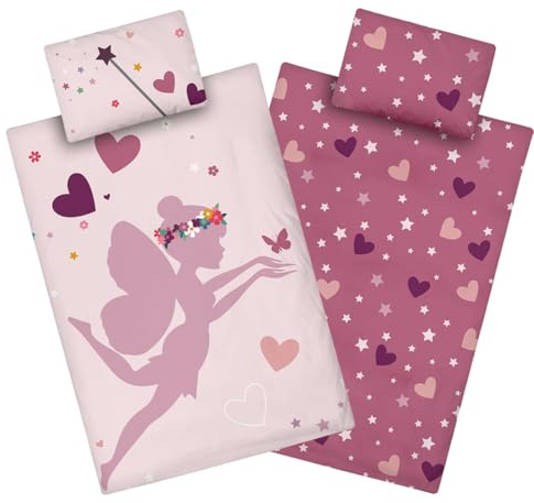 Aminata kids Biber Kinderbettwäsche 100x135 Mädchen Fee rosa pink Baumwolle mit Reißverschluss Kinder-Wende-Bettwäsche-Set Fairy Sterne