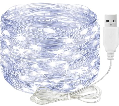 Catena luminosa LED ALEGRE con USB, 5 m, 50 LED, filo di rame, con spina, catena luminosa impermeabile, bianco freddo, per interni ed esterni, catene luminose LED per decorazioni fai-da-te per