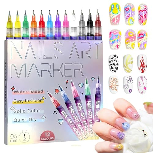12 Colors Nail Art Pens Set 3D Nail Polish Pens Graffiti Dotting Pen Acrylic Paint Pens Point Liner Pen Drawing Painting for Nails Art Design Manicure Nail DIY Decoration (1 set)