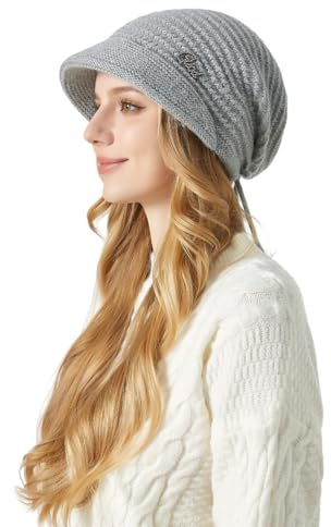 AYPOW Women Winter Wool Knitted Slouchy Visor Beanie Hat, Warm Windproof Adjustable Fleece Lined Ear Protection Beret Hats Newsboy Cap, Ladies Winter Outdoor Accessory for Daily 55-60CM Grey