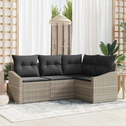 Ziaphsol Garten Loungeset, 4-teiliges Sofa Set mit Kissen, Hellgrau Poly-Rattan, Modular, Höhenverstellbarer Tisch, UV-beständig, Wetterfest, für Terrasse & Balkon