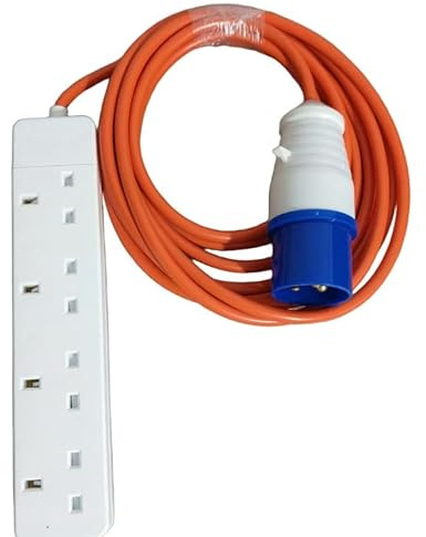 10m 4 Gang Electric Hook Up, 220V 16 Amp Motorhome Charger Cable Extender for Camping, Mobile Homes,-High Vis Orange Caravan Extension Lead (10m)