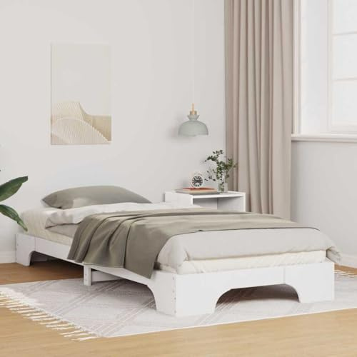 LoogCape Weißes Bettgestell aus massivem Kiefernholz, 100x210 cm, modernes Plattformbett für Schlafzimmer, langlebiges Einzelbett, kein Boxspring erforderlich