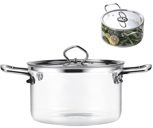 Pentola in vetro con coperchio, pentola trasparente da 2, 5 litri con doppio manico in acciaio inossidabile, pentole vetro resistente al calore per cucinare pasta, tagliatelle, zuppe, casseruola pe