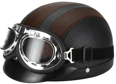 Casco Mezza Pelle Per Scooter Con Occhiali Caschi Jet E Demi-Jet Approvato DOTECE Caschi Cromwell Elmetto Scodella Aperto Casco Retrò Moto Per Uomini Donne Quattro Stagioni C,52-62CM