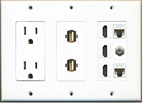 RiteAV - Presa di corrente 15 Amp 2 USB - 3 HDMI 2 Ethernet 1 cavo coassiale TV a parete