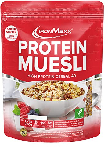 IronMaxx Proteine Muesli Goût Fraise 550g | Muesli Vegan aux protéines de soja | Céréales protéinées -30% sucres | Riche en Fibres & Protéines Végétales | Idéal pour un petit-déjeuner Sain