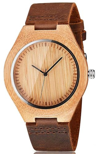 CUCOL Mens Wooden Watches Brown Cowhide Leather Strap Casual Watch for Groomsmen Gift with Box