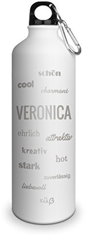 Trinkflasche mit Namen Veronica - graviert mit Positive Eigenschaften, Aluminiumflasche mit Gravur, Sportflasche - matt weiß