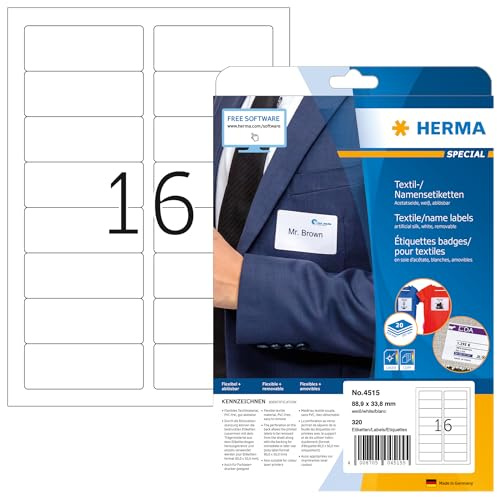 HERMA 4515 Namensetiketten ablösbar, 20 Blatt, 88,9 x 33,8 mm, 16 pro A4 Bogen, 320 Stück, selbstklebend, bedruckbar, rückstandsfrei abziehbare Acetatseide Namensaufkleber Etiketten, weiß