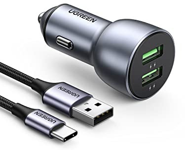 UGREEN Chargeur Allume Cigare USB QC 3.0 36W 2 Ports Chargeur Voiture avec Câble USB Type C Compatible avec iPhone 17 Pro Max Air 16 15 14 13 12 Galaxy S25 Ultra Plus S24 S23 S22 A53 A13 Pixel 10 9