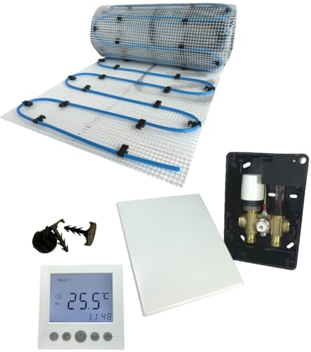 Dünnbett Warmwasser Fußbodenheizung HoWaTech Komplett Set 2,5-10m² Einrohr Heizmatte und E-Regelbox Digital, Heizfläche:2.50m²