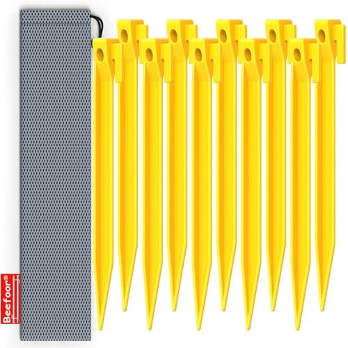 Beefoor 10-Pack Plastic Tent Stakes – 7-Inch Heavy Duty Canopy Anchoring Pegs for Camping, Gardening, Landscaping, Backpacking – Lightweight, Rust-Proof, Reusable Camping Stake