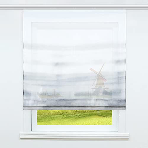 CORLIF Voile Raffrollo mit Klettband Transparent Raffgardinen Voile Kinderzimmer Modern Bändchenrollo Küche Vorhang Farbverlauf Muster Grau BxH 120x140cm 1 Stück