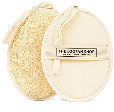 The Loofah Shop Bath Loofah Sponge, Exfoliating Body Scrubber, Shower Luffa for Men, Women and Kids Made of Eco-Friendly Natural Egyptian Loofah with Cotton Travel Pouch, 7 x 5.25 (1pack 2pcs)