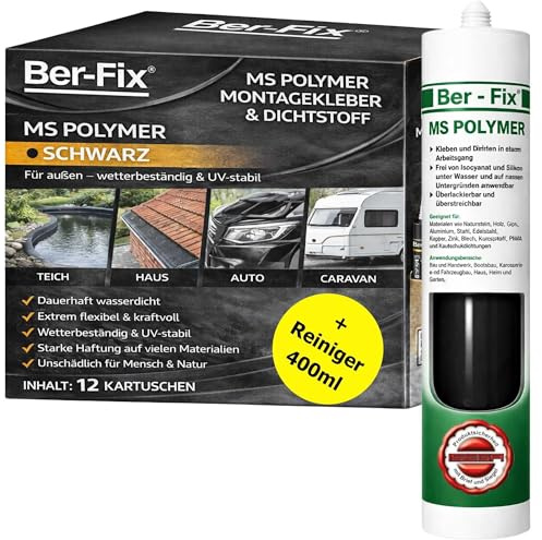 Ber-Fix MS Polymer Schwarz Karosserie 12er Pack + Universalreiniger | MS Polymerkleber Schwarz Karosserie Außen 12er Pack: zur Vorreinigung und saubereren