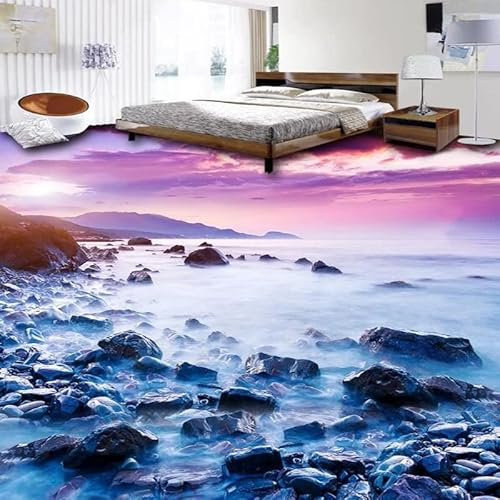 3D-Bodenwandbilder Wohnzimmer Schlafzimmer Selbstklebende Bodentapete 3D Meer Landschaft Steinfliesen Bodenwandbild Badezimmer Küche Pvc Selbstklebender Wasserdichter Aufkleber,150X105Cm Fototapeten