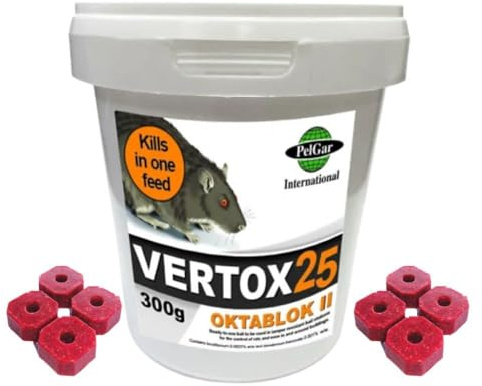 Rat Poisoning Blocks Mouse Bait Blocks Single Feed Rodent Killer Block Max Strength Fast Acting All Weather Bait Block 1 Tub (VERTOX OKTABLOK ll- 300g).